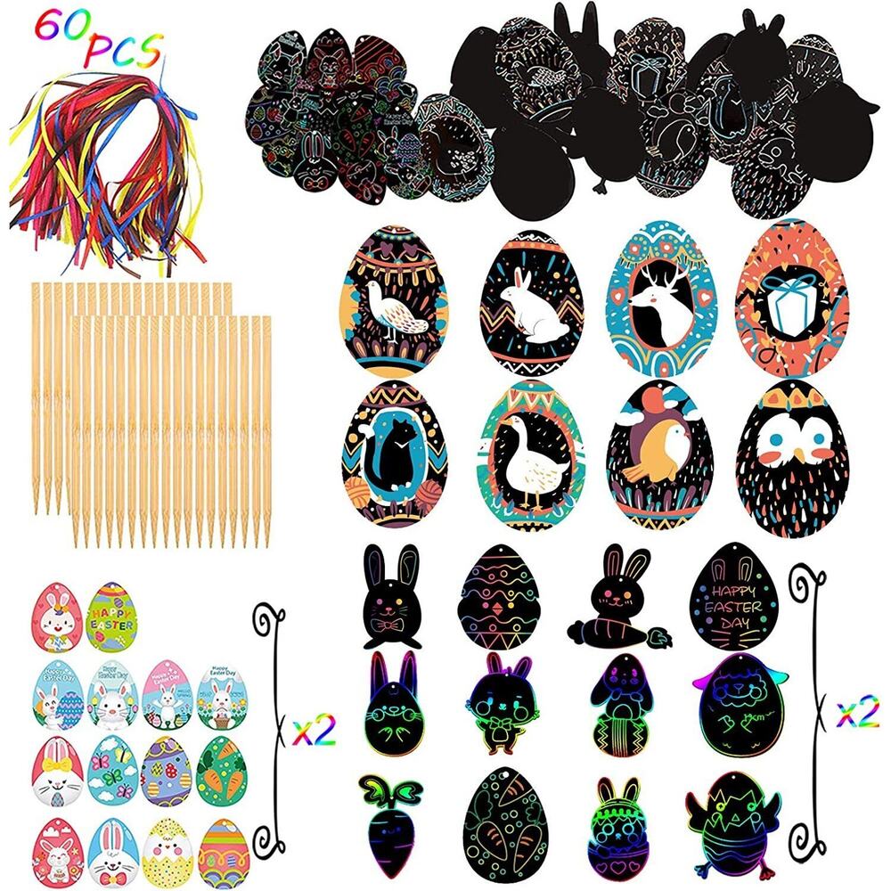 Easter Scratch Paper Art for Kids - 60 Pcs Magic Rainbow Scratch Paper Black Scr